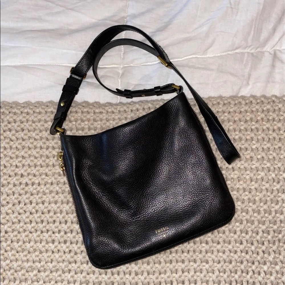 Fossil Black Expandable Leather Crossbody Handbag